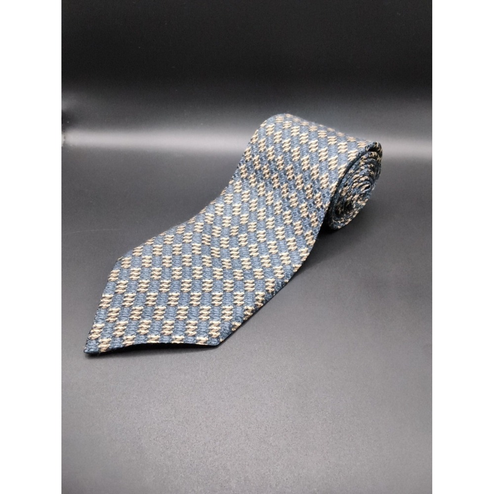 Robert Talbott James INC Men's Silk Tie Blue Gold Beige Woven Geometric Pattern